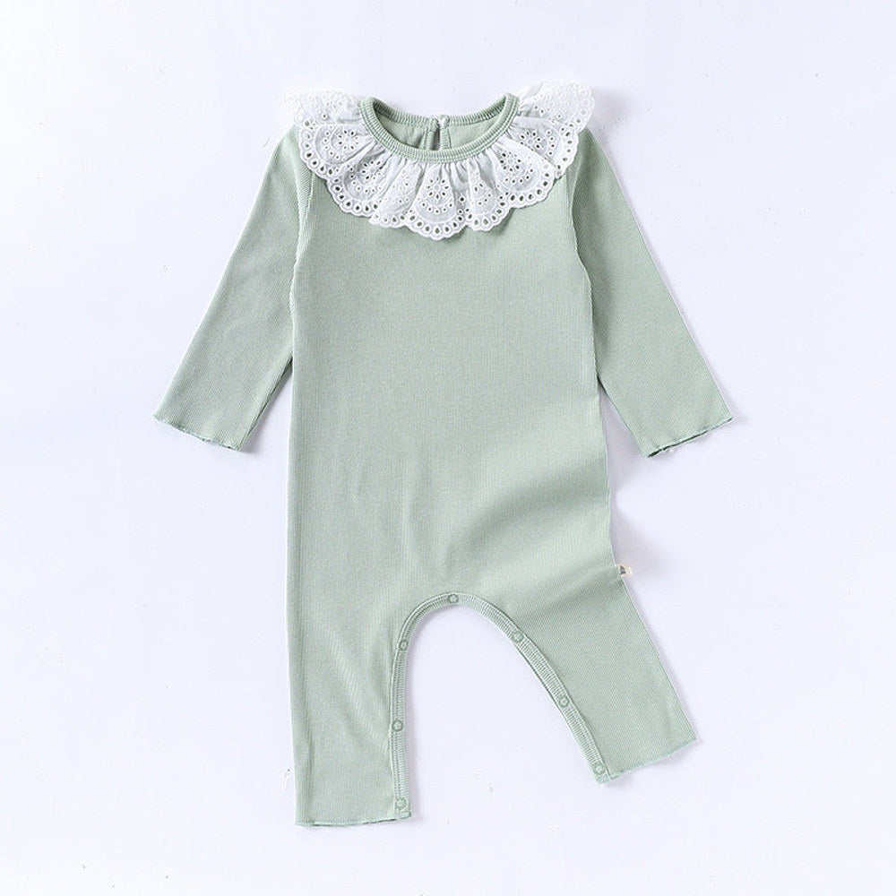 Spring Arrival Baby Girls Long Sleeves Flowers Hollow-out Pattern Collar Rompers