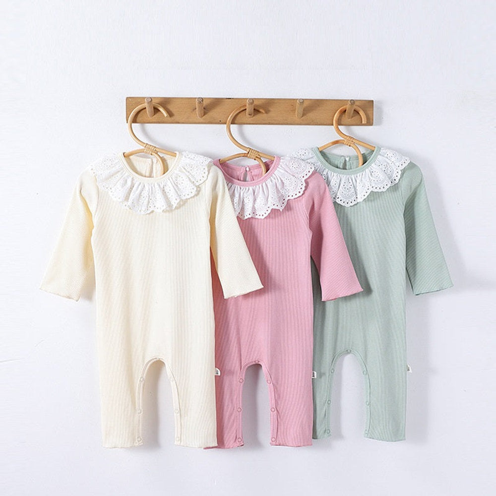 Spring Arrival Baby Girls Long Sleeves Flowers Hollow-out Pattern Collar Rompers