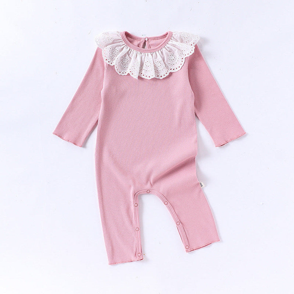 Spring Arrival Baby Girls Long Sleeves Flowers Hollow-out Pattern Collar Rompers