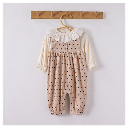 MyKids-USA® Girls Long Sleeves Solid Color Top Shirt and Sleeveless Polka Dots Pattern Overalls Clothing Set