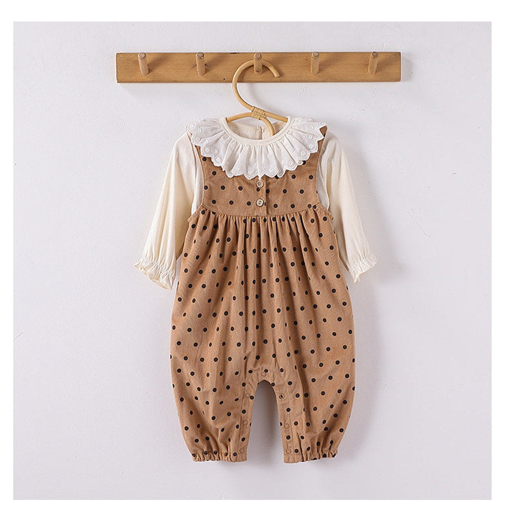 MyKids-USA® Girls Long Sleeves Solid Color Top Shirt and Sleeveless Polka Dots Pattern Overalls Clothing Set
