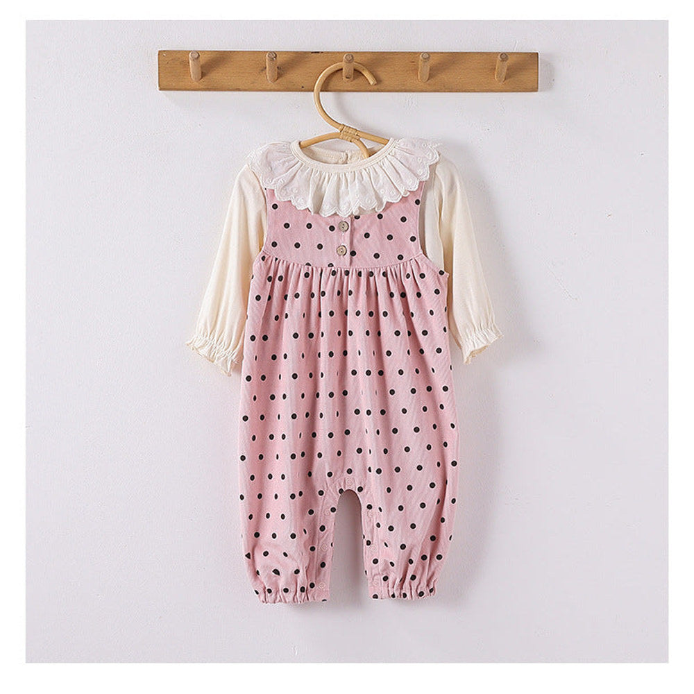 MyKids-USA® Girls Long Sleeves Solid Color Top Shirt and Sleeveless Polka Dots Pattern Overalls Clothing Set