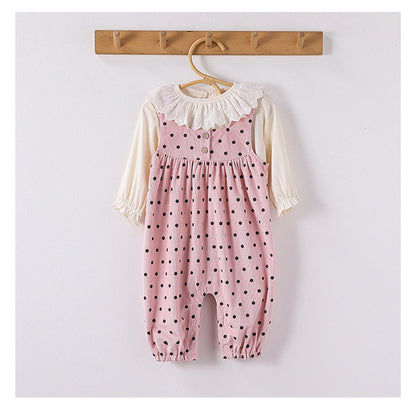 MyKids-USA® Girls Long Sleeves Solid Color Top Shirt and Sleeveless Polka Dots Pattern Overalls Clothing Set