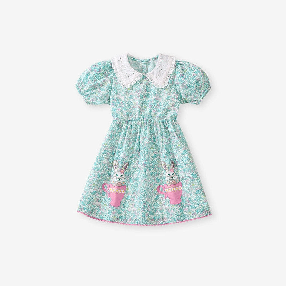 MyKids-USA® Animals Cartoon Pattern Short Sleeves Floral Dress for Stylish Girls