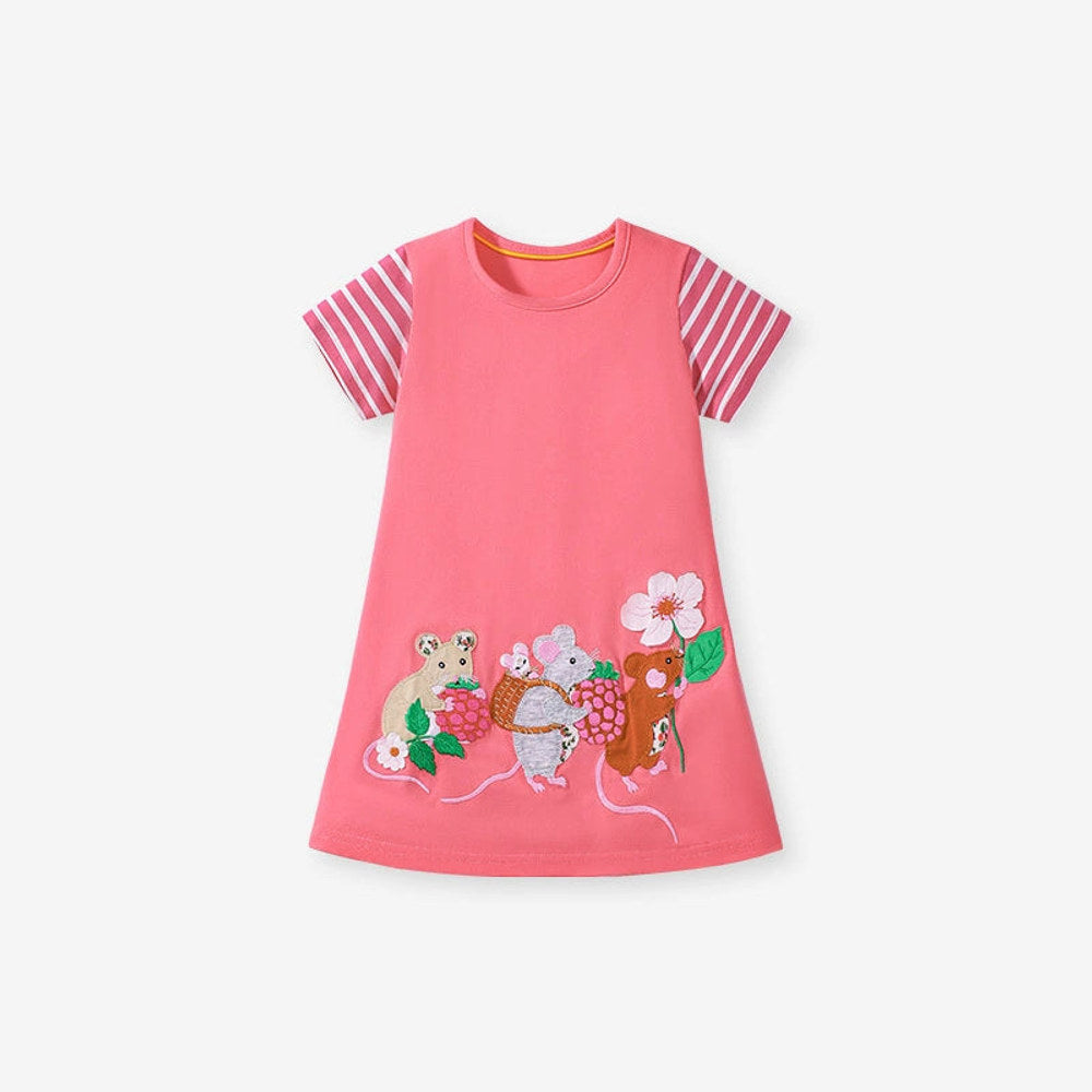 MyKids-USA® Pure Cotton Animals Cartoon Pattern Short Sleeves Dress for Stylish Girls