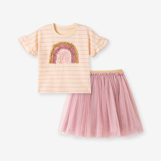 MyKids-USA® Baby Kids Rainbow Pattern T-shirt and Tulle Skirt Clothing Set for Girls