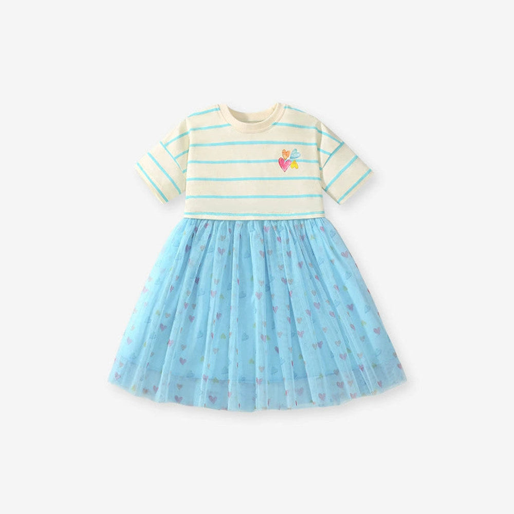 MyKids-USA® Colorful Heart Pattern Short Sleeves Striped Dress for Stylish Girls