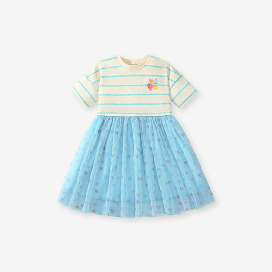 MyKids-USA® Summer Arrival Colorful Heart Pattern Short Sleeves Striped Dress for Stylish Girls