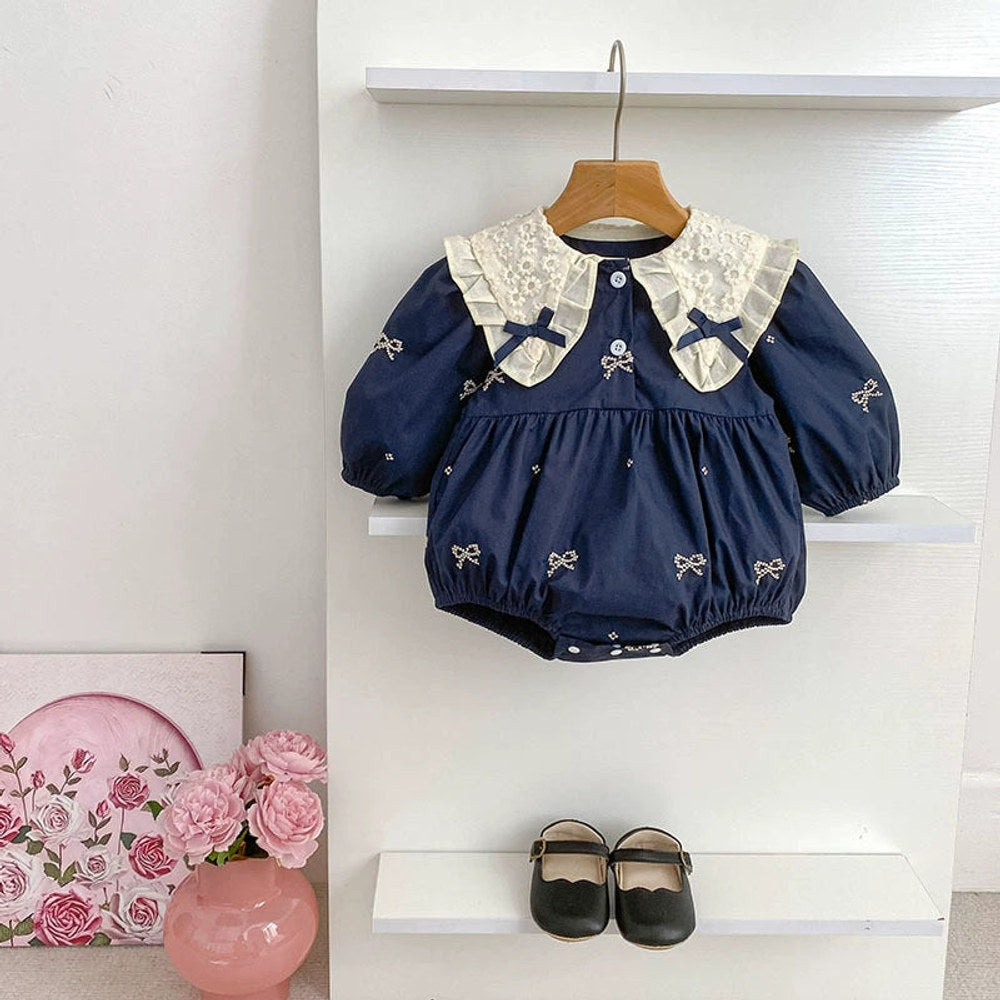 MyKids-USA® Baby Kids Girls Long Sleeves Bows Embroidery Pattern Floral Collar bodysuit or Dress – Princess Sister Matching