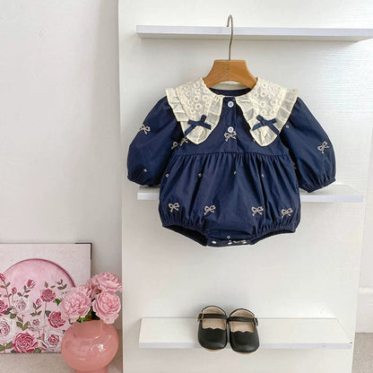 MyKids-USA® Baby Kids Girls Long Sleeves Bows Embroidery Pattern Floral Collar bodysuit or Dress – Princess Sister Matching