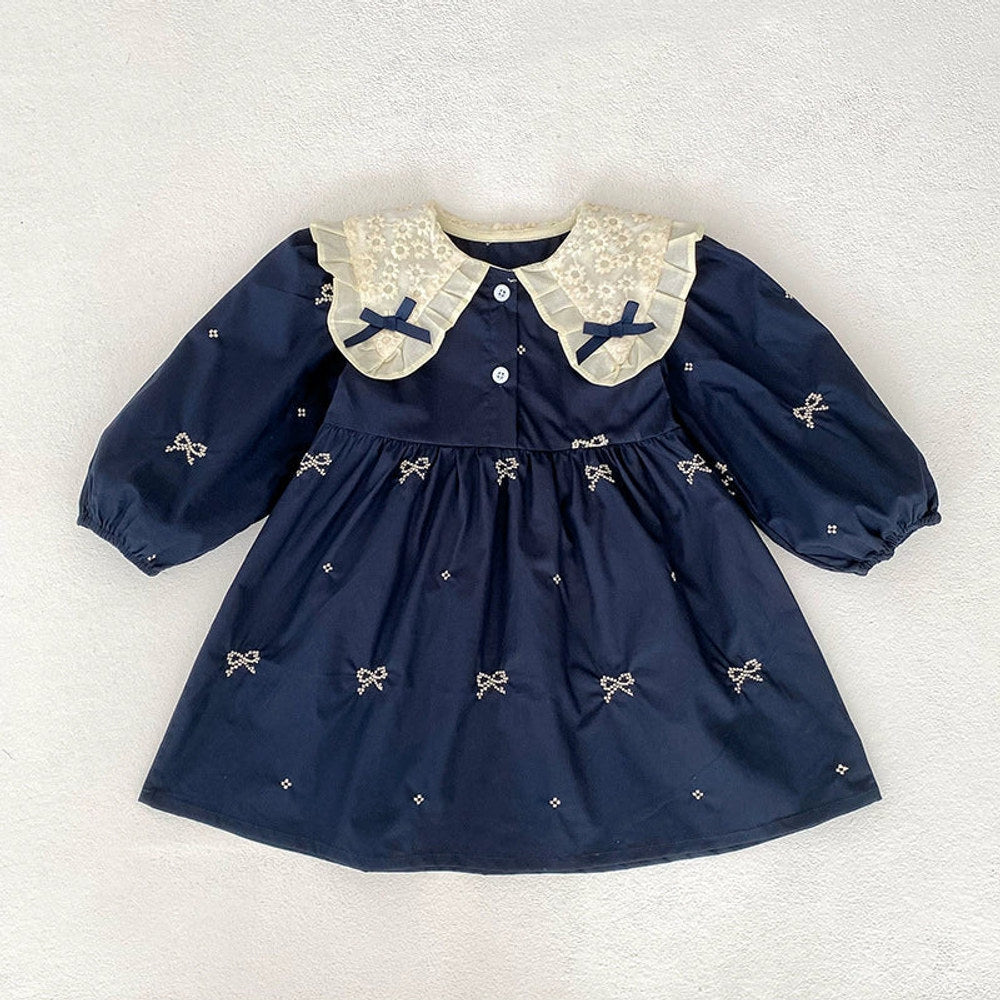 MyKids-USA® Baby Kids Girls Long Sleeves Bows Embroidery Pattern Floral Collar bodysuit or Dress – Princess Sister Matching
