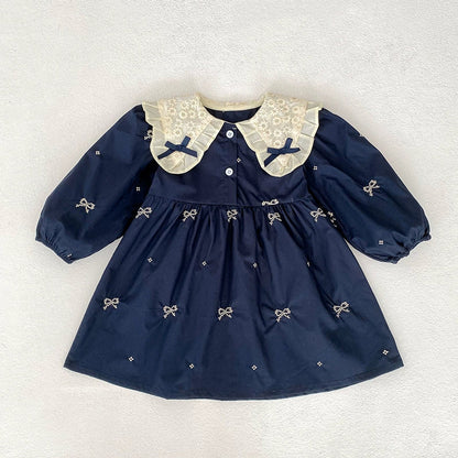 MyKids-USA® Baby Kids Girls Long Sleeves Bows Embroidery Pattern Floral Collar bodysuit or Dress – Princess Sister Matching