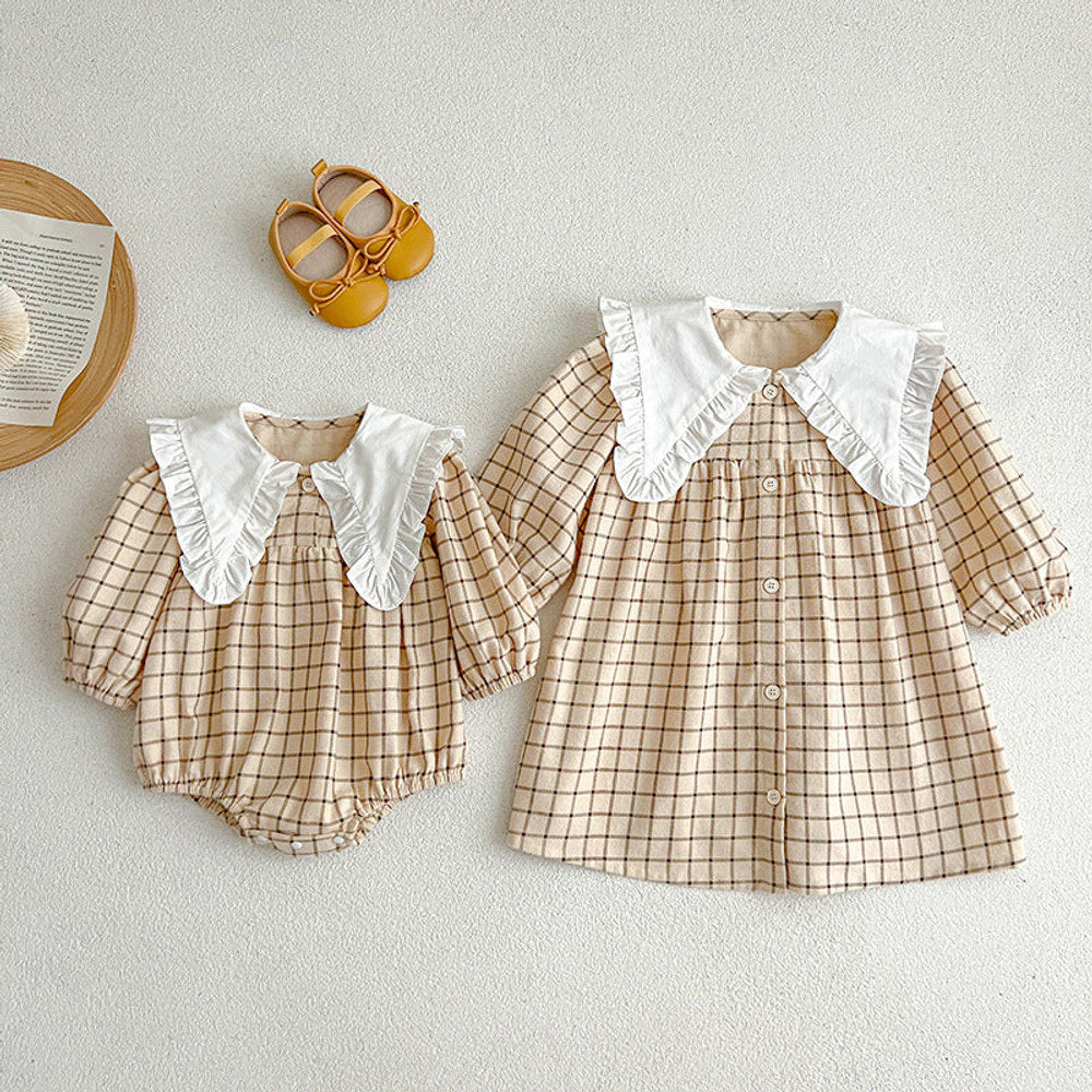 MyKids-USA® Baby Girls Plaid Long-sleeved bodysuit or Dress – Princess Sister Matching