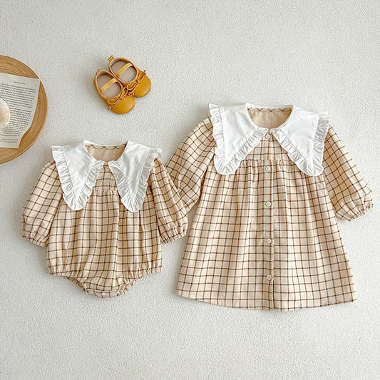 MyKids-USA® Baby Girls Plaid Long-sleeved bodysuit and Dress – Princess Sister Matching Set