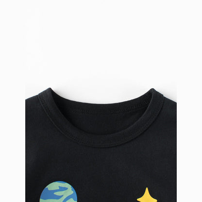 MyKids-USA® Boys’ Planet Cartoon and Letters Print T-shirt in European and American Style