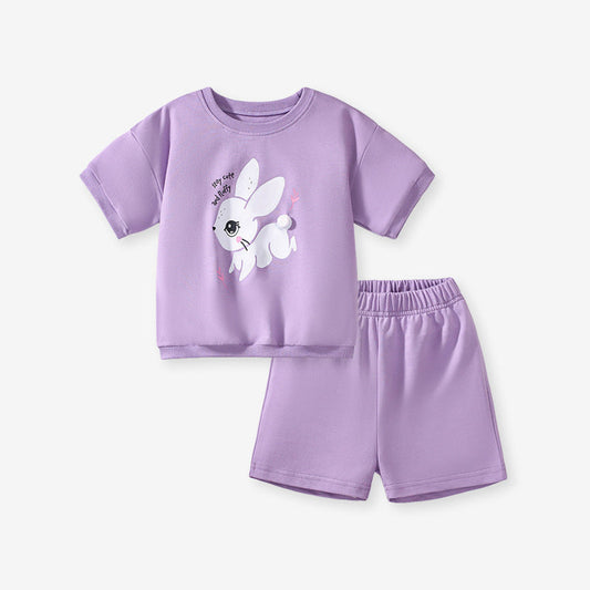 MyKids-USA® Set of Girls’ Animals Cartoon Pattern Short Sleeves T-shirt and Shorts in European and American Style for