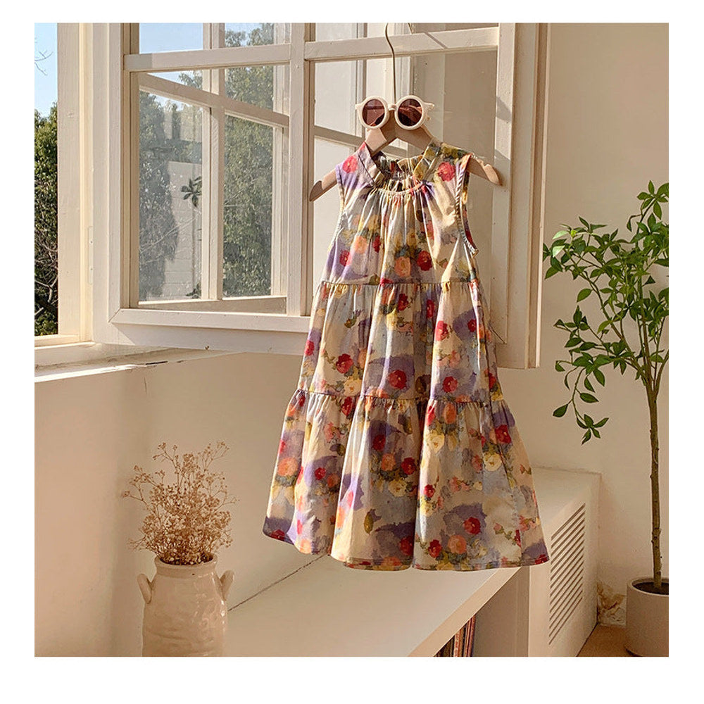 MyKids-USA® Baby Kids Girls Sleeveless Oil-Painting Flowers Pattern Dress