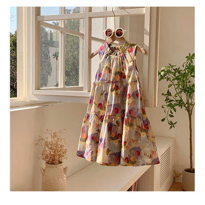MyKids-USA® Baby Kids Girls Sleeveless Oil-Painting Flowers Pattern Dress