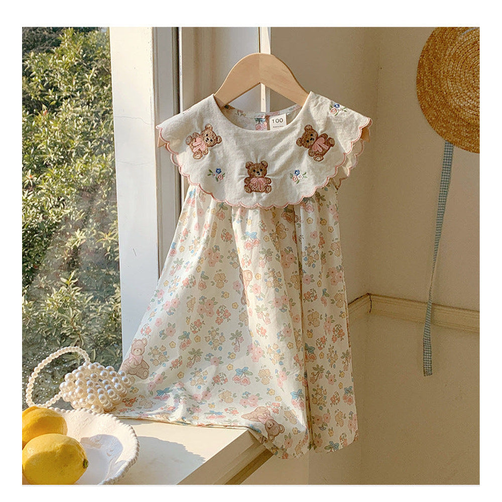 MyKids-USA® Baby Kids Girls Sleeveless Teddy Bear and Flowers Pattern Dress
