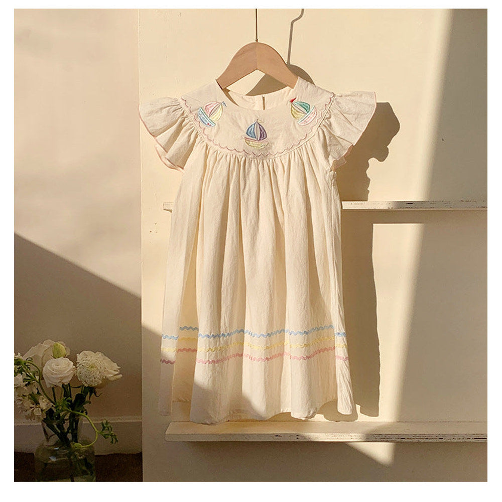 MyKids-USA® Baby Kids Girls Sleeveless Little Boat Embroidery Pattern Dress