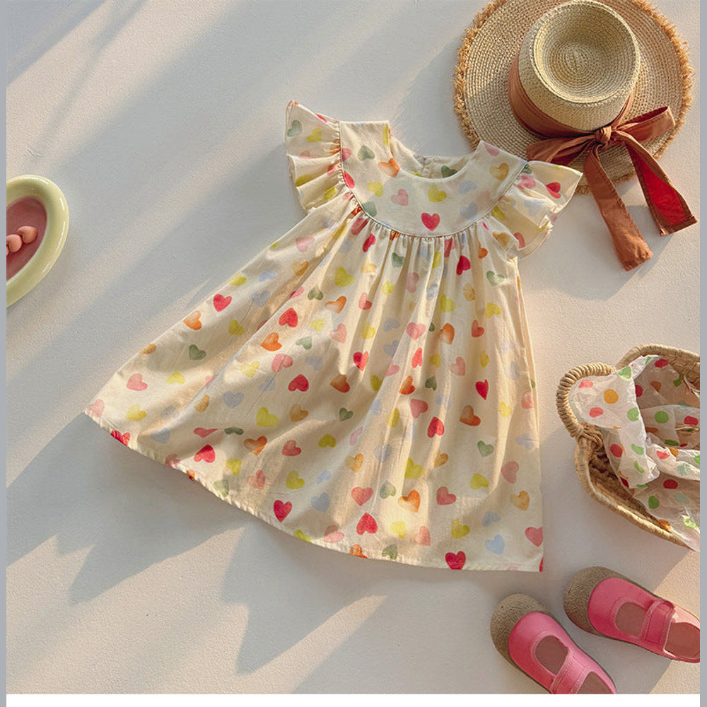 MyKids-USA® Baby Kids Girls Fly Sleeves Colorful Heart Pattern Dress