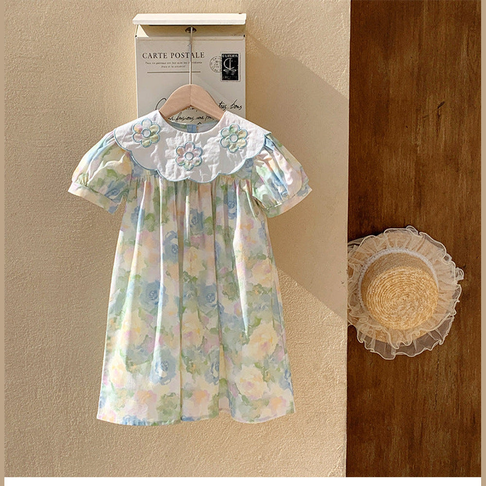 MyKids-USA® Baby Kids Girls Short Sleeves Oil-Painting Flowers Pattern Dress