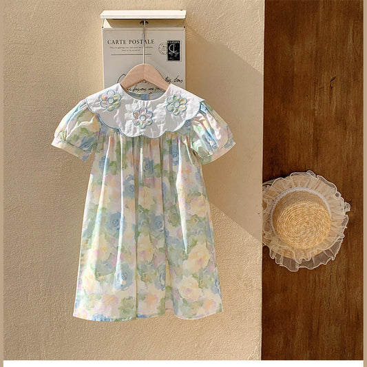 MyKids-USA® Summer Baby Kids Girls Short Sleeves Oil-Painting Flowers Pattern Dress
