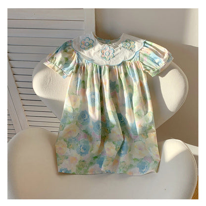 MyKids-USA® Baby Kids Girls Short Sleeves Oil-Painting Flowers Pattern Dress