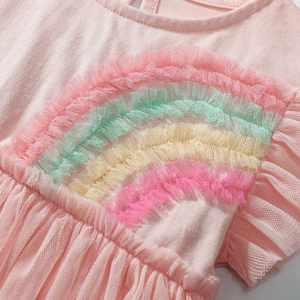 MyKids-USA® Colorful Rainbow Pattern Fly Sleeves Tulle Dress for Stylish Girls