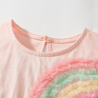 MyKids-USA® Colorful Rainbow Pattern Fly Sleeves Tulle Dress for Stylish Girls