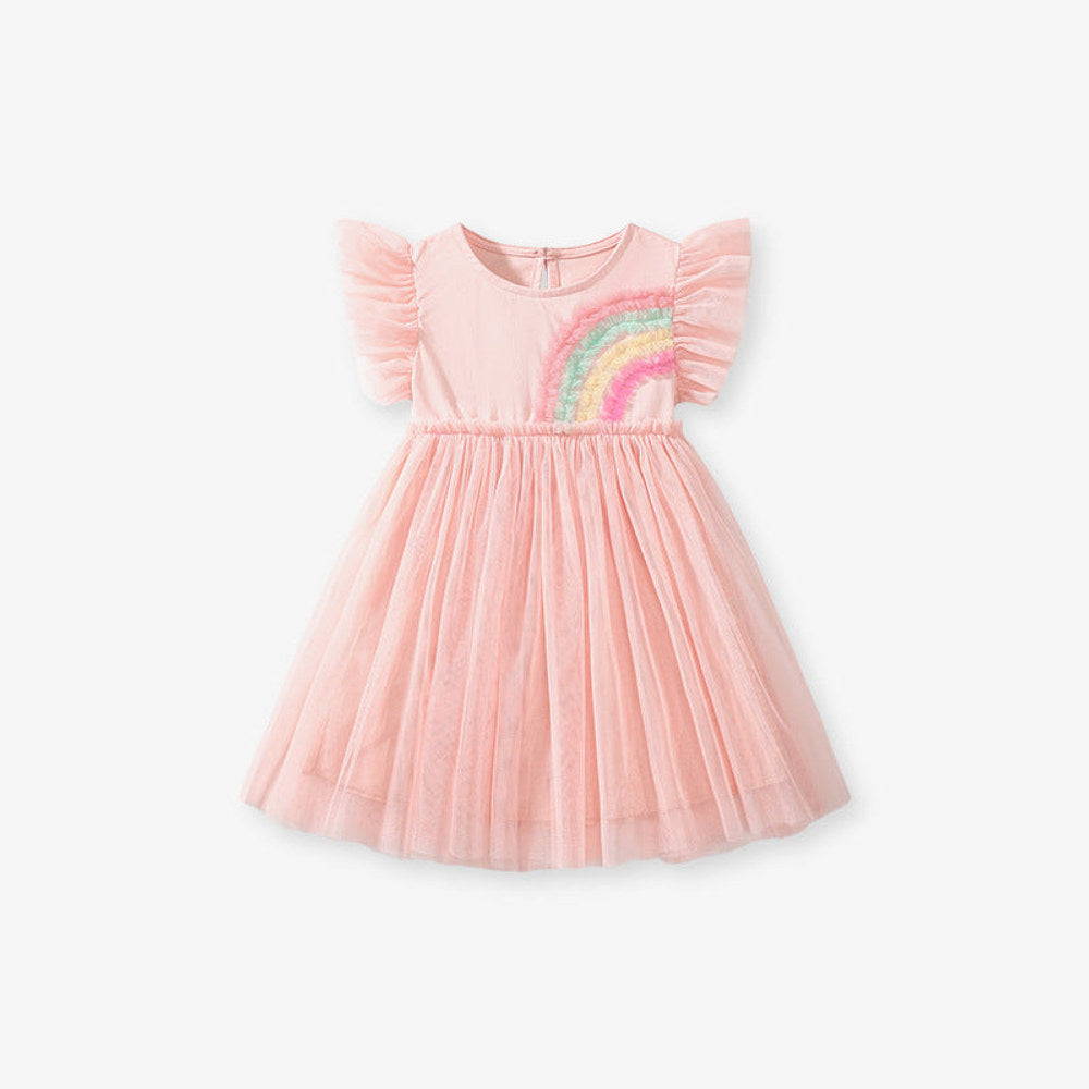 MyKids-USA® Colorful Rainbow Pattern Fly Sleeves Tulle Dress for Stylish Girls