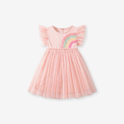 MyKids-USA® Colorful Rainbow Pattern Fly Sleeves Tulle Dress for Stylish Girls