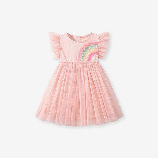 MyKids-USA® Summer Arrival Colorful Rainbow Pattern Fly Sleeves Tulle Dress for Stylish Girls