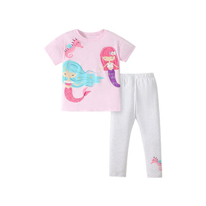 MyKids-USA® Baby Kids Cartoon Mermaid Pattern T-shirt and Grey Pants Clothing Set for Girls