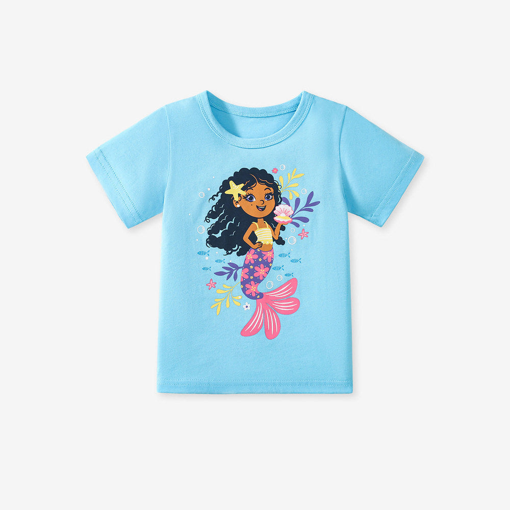 MyKids-USA® Kids’ Mermaid Cartoon Pattern Short Sleeves T-shirt in European and American Style