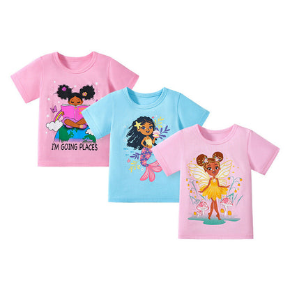 MyKids-USA® Kids’ Mermaid Cartoon Pattern Short Sleeves T-shirt in European and American Style