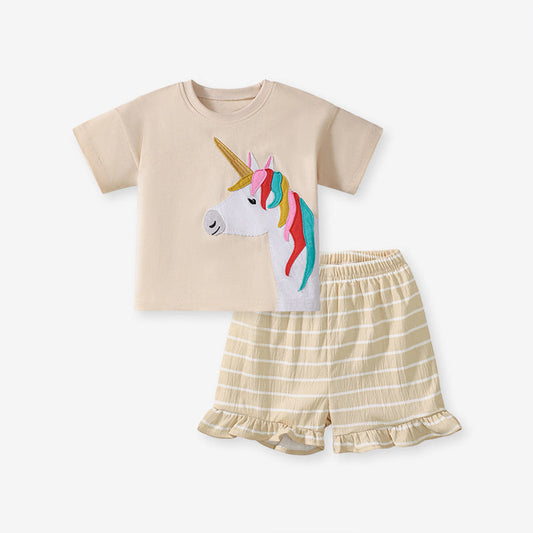 MyKids-USA® Baby Kids Unicorn Cartoon Pattern T-shirt and Striped Bloomers Clothing Set for Girls