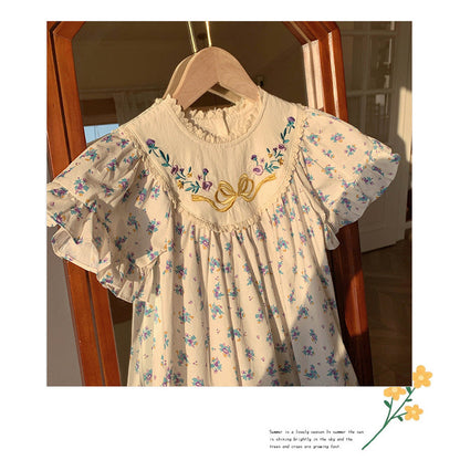 MyKids-USA® Baby Kids Girls French Short Sleeves Floral Pattern Embroidered and Printed Dress