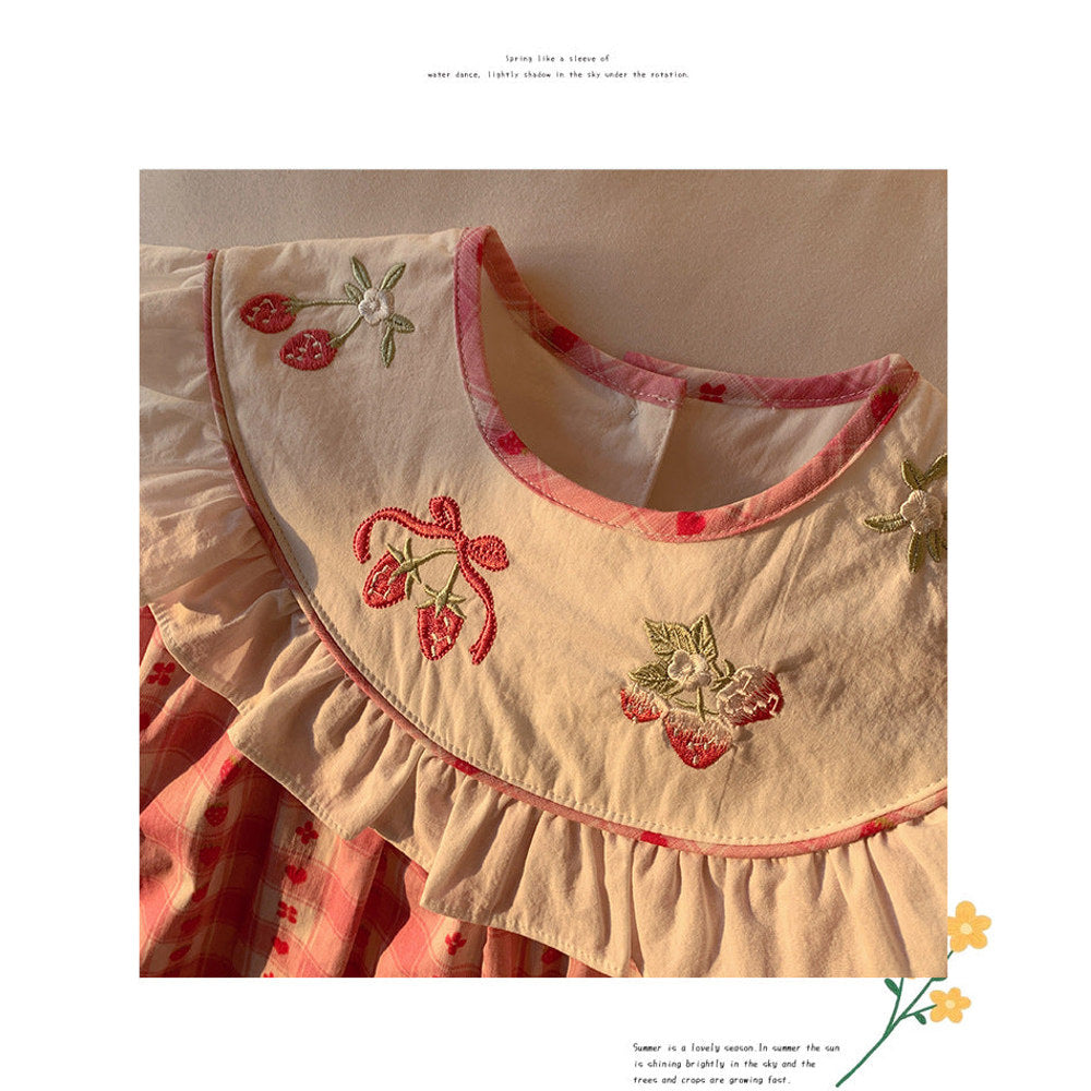 MyKids-USA® Baby Kids Girls Cute Sleeveless Fruits Pattern Embroidered Plaid Dress
