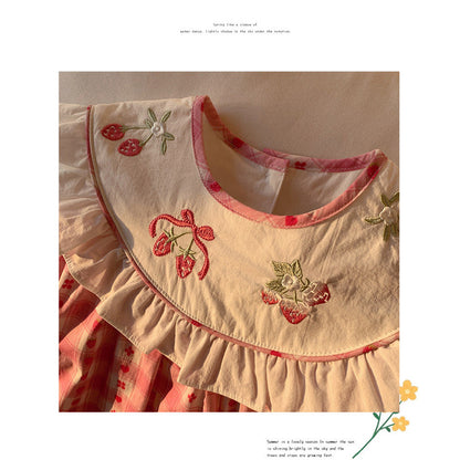 MyKids-USA® Baby Kids Girls Cute Sleeveless Fruits Pattern Embroidered Plaid Dress