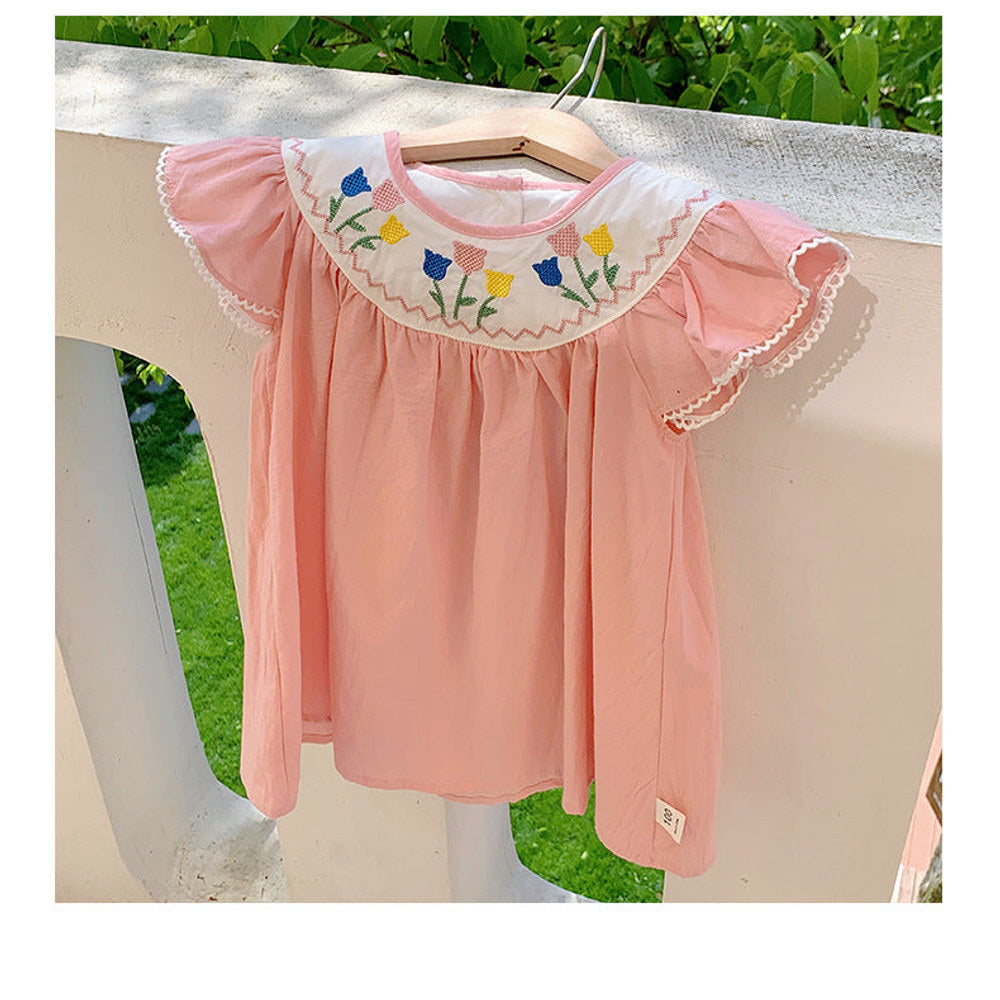 MyKids-USA® Baby Kids Girls Cute Short Sleeves Flowers Pattern Embroidered Dress