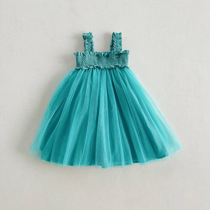 MyKids-USA® Baby Kids Girls Sleeveless Solid Color Mesh Patchwork Design Off Shoulder Strap Dress