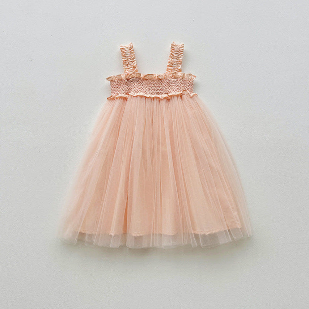 MyKids-USA® Baby Kids Girls Sleeveless Solid Color Mesh Patchwork Design Off Shoulder Strap Dress