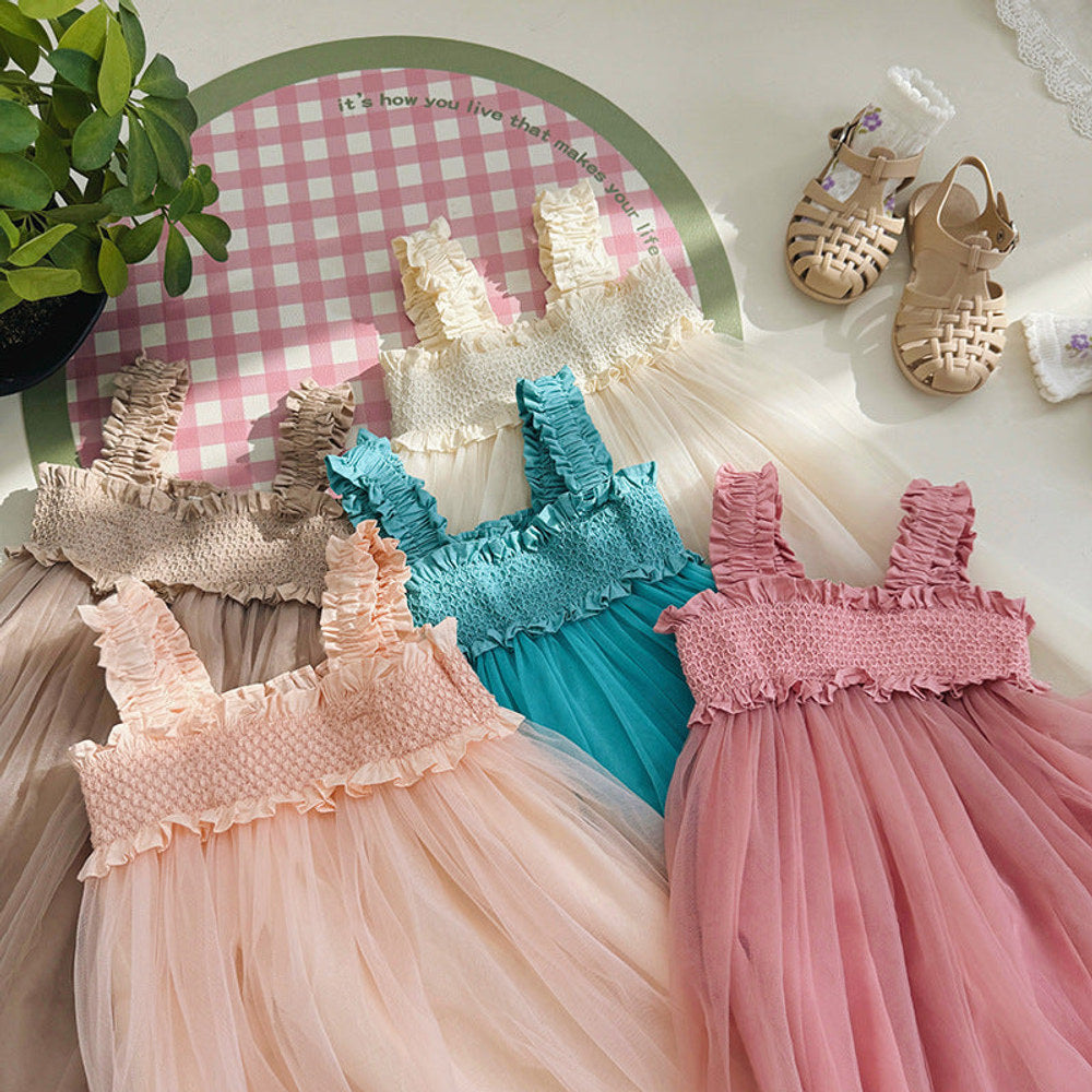 MyKids-USA® Baby Kids Girls Sleeveless Solid Color Mesh Patchwork Design Off Shoulder Strap Dress