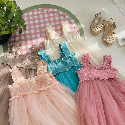 MyKids-USA® Baby Kids Girls Sleeveless Solid Color Mesh Patchwork Design Off Shoulder Strap Dress
