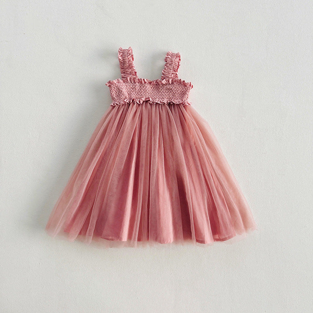 MyKids-USA® Baby Kids Girls Sleeveless Solid Color Mesh Patchwork Design Off Shoulder Strap Dress