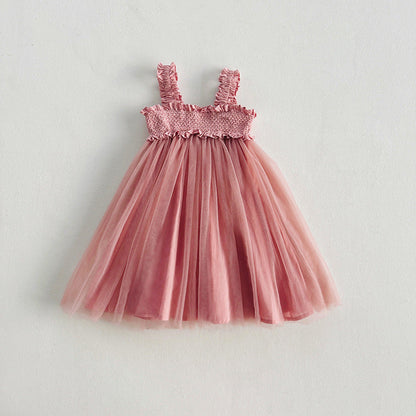 MyKids-USA® Baby Kids Girls Sleeveless Solid Color Mesh Patchwork Design Off Shoulder Strap Dress