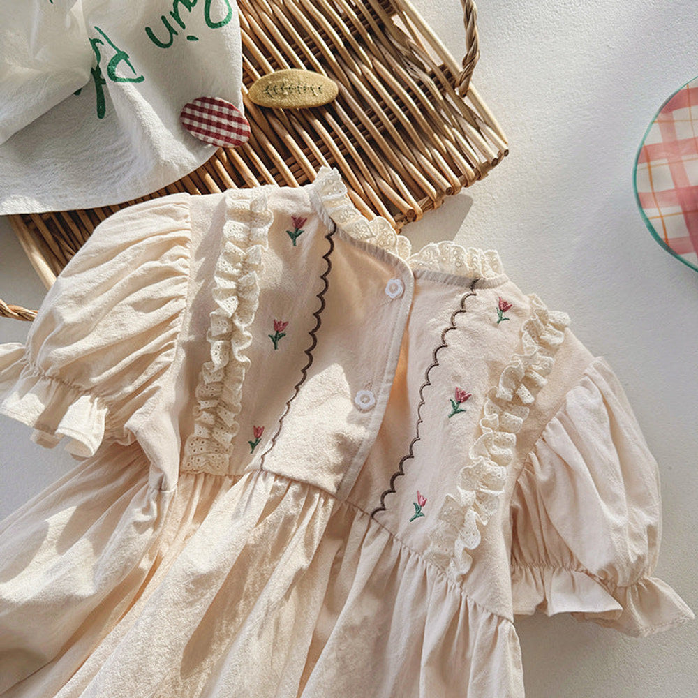 MyKids-USA® Baby Kids Girls Cute Short Sleeves Flowers Pattern Embroidered Dress