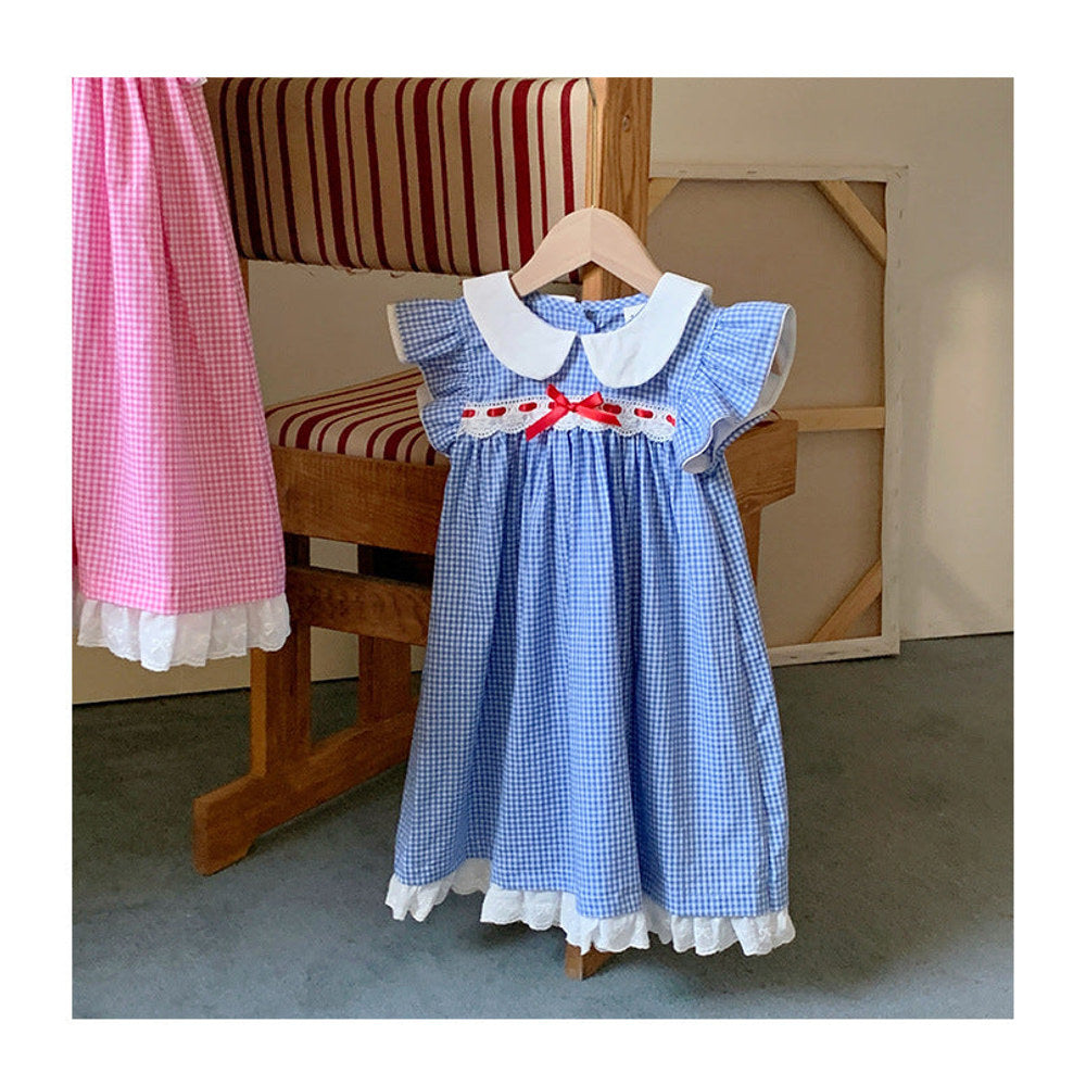 MyKids-USA® Baby Kids Girls French Fly Sleeves Floral Pattern Embroidered Pattern Plaid Dress