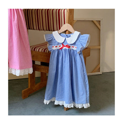 MyKids-USA® Baby Kids Girls French Fly Sleeves Floral Pattern Embroidered Pattern Plaid Dress